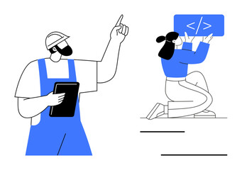 Worker holding tablet and gesturing to coder kneeling with coding interface. Ideal for teamwork, tech, collaboration, construction, coding, innovation, and project planning. Perfect for simple
