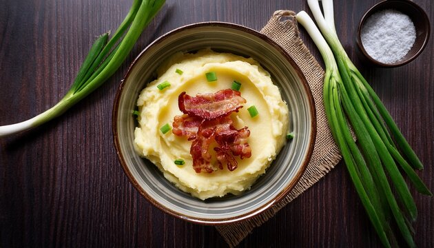 homemade bowl of mashed potatoes with bacon and green onions with butter flat lay