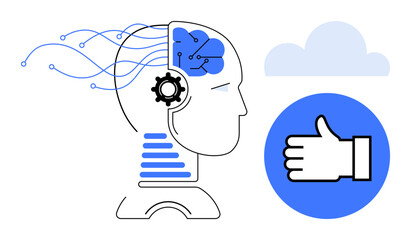 Human head with neural network brain, cloud symbol, circuit lines, and thumbs-up gesture. Ideal for AI, technology, machine learning, innovation, approval digital tools simple landing page