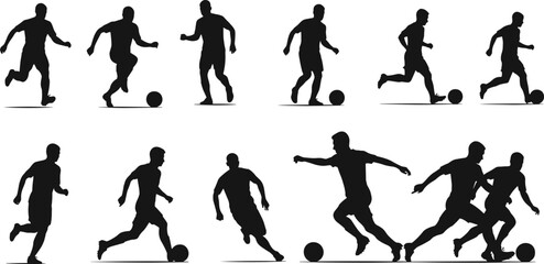 Soccer player silhouette illustration set, football poses, dribbling, kicking, running, sport activity, athlete motion, game, action, performance, training