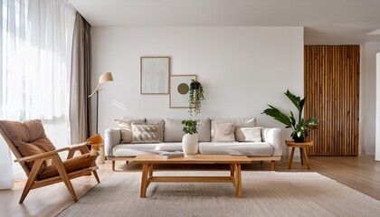 Fototapeta premium modern minimalist living room with wooden furniture and white walls perfect for interior design and home decor projects