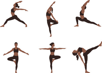 Yoga poses with standing, tree, warrior, half moon positions, balance, flexibility, wellness, fitness, meditation illustration for health and lifestyle design