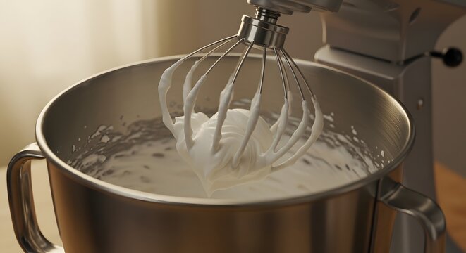 An electric stand mixer with a whisk attachment whipping fresh cream into stiff peaks in a metal bowl
