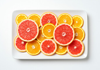 Grapefruit and orange slices on a rectangular plate isolated on white background