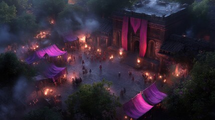 Fototapeta premium Enchanted festival night in ancient village with torches and purple tents