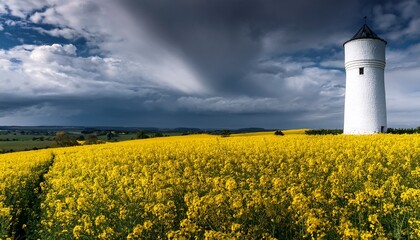 white tower amidst a field of yellow flowers under a cloudy sky