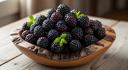 A rustic wooden bowl overflowing with fresh ripe blackberries and garnished with vibrant green mint leaves on a weathered wooden surface