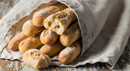 Freshly baked artisanal baguettes with a golden crust nestled in a rustic linen cloth on a wooden surface showcasing delicious bread