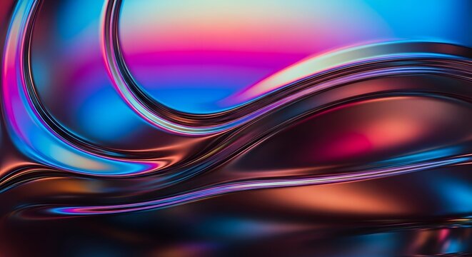 Abstract flowing liquid metal with vibrant iridescent colors and smooth curves creating a futuristic and dynamic visual effect