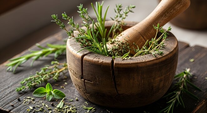 Wooden mortar and pestle filled with fresh aromatic herbs and spices on a rustic wooden surface