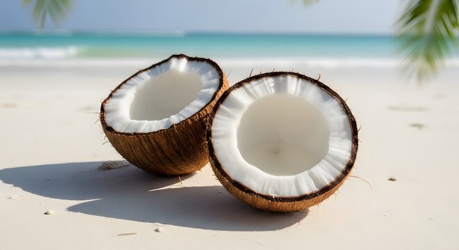 Freshly cracked coconut halves resting on a sandy tropical beach with ocean waves in the background