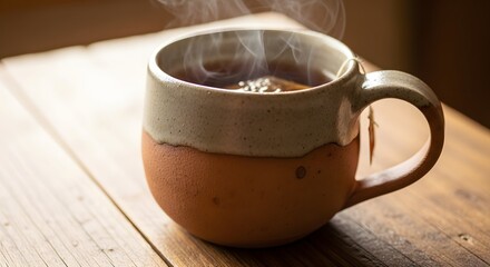 Close up of a steaming ceramic mug filled with hot beverage on a rustic wooden table morning light