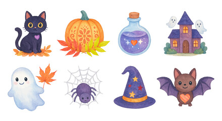 Cute halloween watercolor set, color spooky fall collection for the scary holiday, traced vector