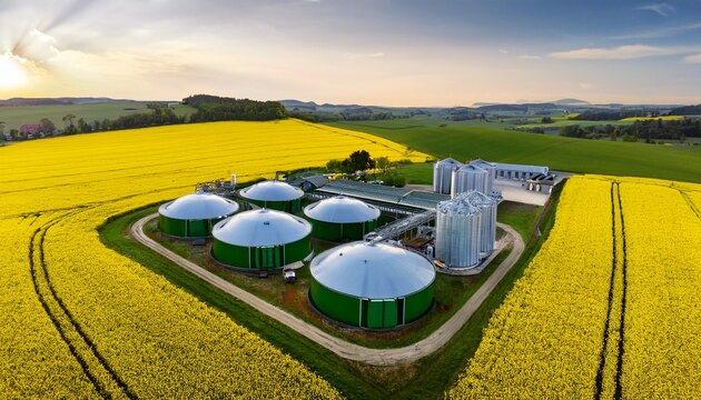aerial view of a biogas plant and farm in blooming rapeseed fields in czech republic biogas plant farm