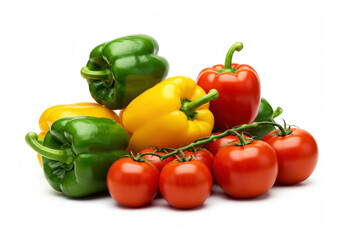 Green and yellow peppers bell with tomatoes isolated on white background