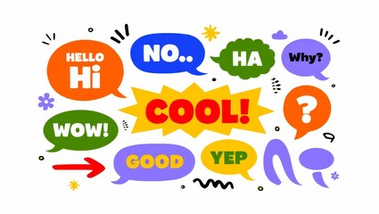 Collection of contemporary figure, speech bubble with text, arrow in funky groovy style.