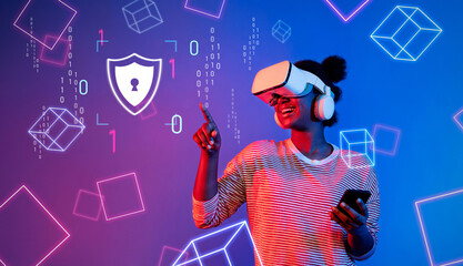 A woman in a vibrant virtual reality environment actively engages with graphics that symbolize cyber security and data protection, showcasing modern technology. XDMCP
