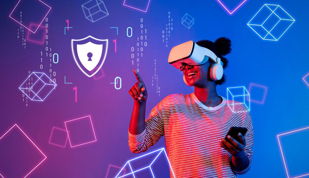A woman in a vibrant virtual reality environment actively engages with graphics that symbolize cyber security and data protection, showcasing modern technology. XDMCP