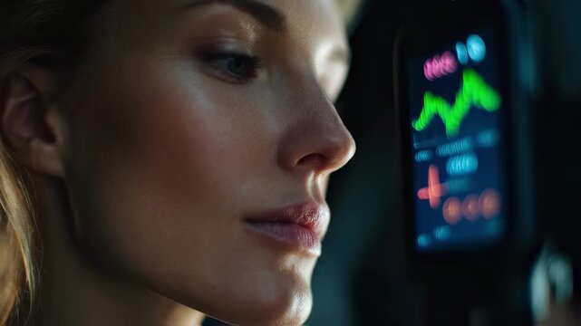 Focused medium shot on a breathalyzer screen displaying volatile organic compounds with the users face and surroundings gently out of focus representing noninvasive metabolic
