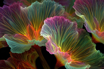 Abstract Floral Art Translucent Petals with Vibrant Hues on Dark Background