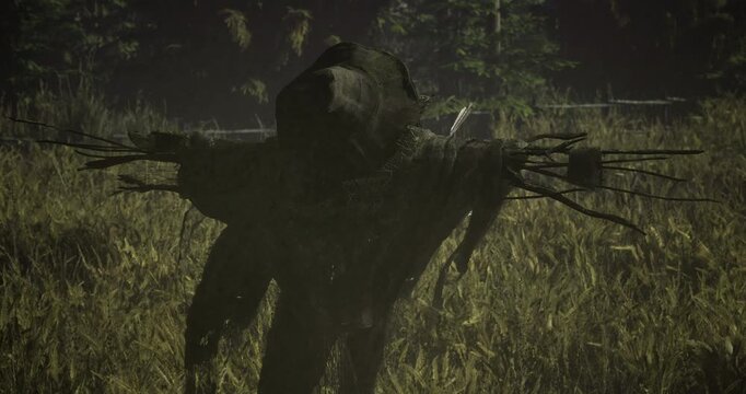 A weathered scarecrow made of twigs and fabric stands eerily in a fog blanketed forest, surrounded by tall grass. The deepening dusk casts shadows around it, creating an unsettling atmosphere.