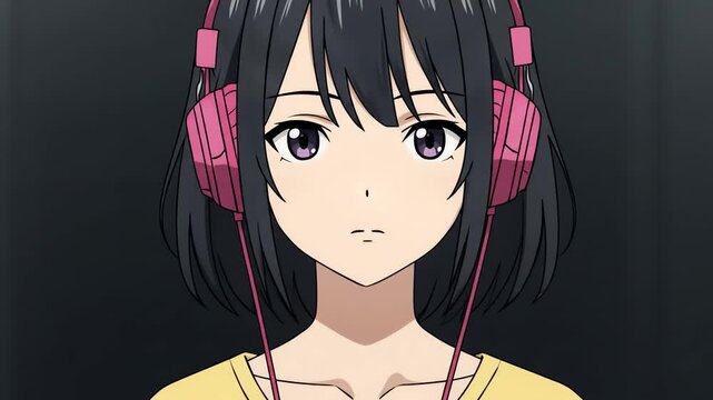 Close Up Anime Style Portrait Young Woman Pink Headphones Yellow Shirt Dark Background