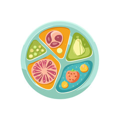 Colorful divided plate with an assortment of healthy foods including fruit vegetables and sliced meat illustration