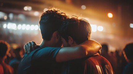 Two men embrace at a concert, enjoying the music and atmosphere.
