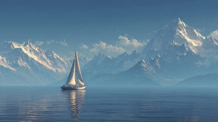 Naklejka premium Sailboat Adventure Amidst Snowy Mountains: A solo sailboat glides serenely across a tranquil expanse of water, embraced by the majesty of towering snow-capped mountains.