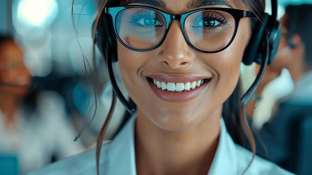 Smiling Support Specialist: A close-up shot of a beaming, confident customer support specialist wearing glasses and a headset, ready to assist with a friendly, helpful, and empathetic approach. 