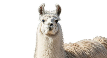 Fototapeta premium White llama portrait close up looking at camera cute animal fluffy fur south american mammal alpaca face 100 on transparent background