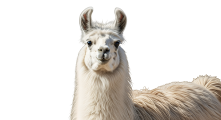 White llama portrait close up looking at camera cute animal fluffy fur south american mammal alpaca face 100 on transparent background