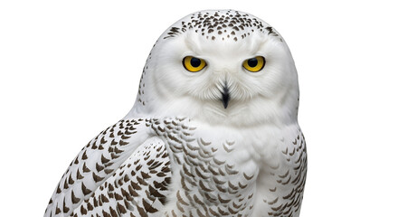 Stock photo of a beautiful snowy owl portrait with sharp yellow eyes against a black background image on transparent background