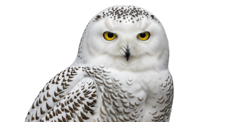 Stock photo of a beautiful snowy owl portrait with sharp yellow eyes against a black background image on transparent background