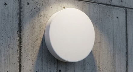 White circular wall light fixture mounted on a textured concrete wall.