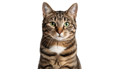 Portrait of a tabby cat with green eyes looking at the camera domestic animal pet feline cute face whiskers on transparent background