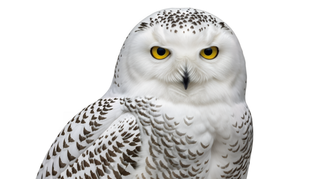 Stock photo of a beautiful snowy owl portrait with sharp yellow eyes against a black background image on transparent background