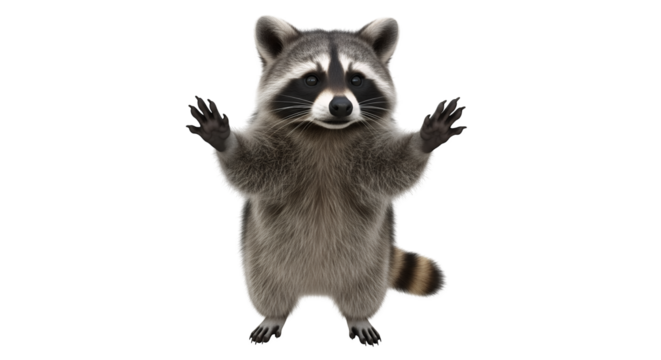 Funny raccoon waving arms isolated on black background adorable animal wildlife cute mammal nature pet wild 100 on transparent background