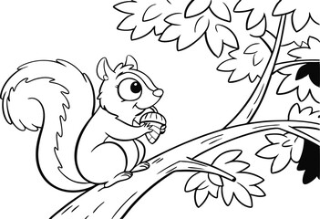 Obraz premium Cute Cartoon Squirrel Holding an Acorn on a Tree Branch in Black and White Outline Style for Coloring Books and Educational Resources