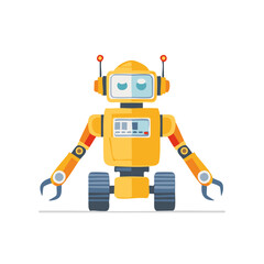 Friendly yellow robot character illustration with wheels and articulated arms. Modern technology and automation concept.