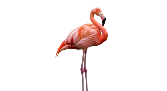 Beautiful flamingo bird standing on one leg isolated on black background wildlife nature photography image on transparent background
