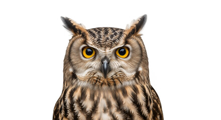 Naklejka premium Close up portrait of a eurasian eagle owl bird of prey with yellow eyes on a black background image on transparent background
