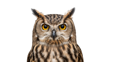 Close up portrait of a eurasian eagle owl bird of prey with yellow eyes on a black background image on transparent background