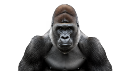 Gorilla portrait facing forward on black background for wildlife animal photography and nature lovers on transparent background