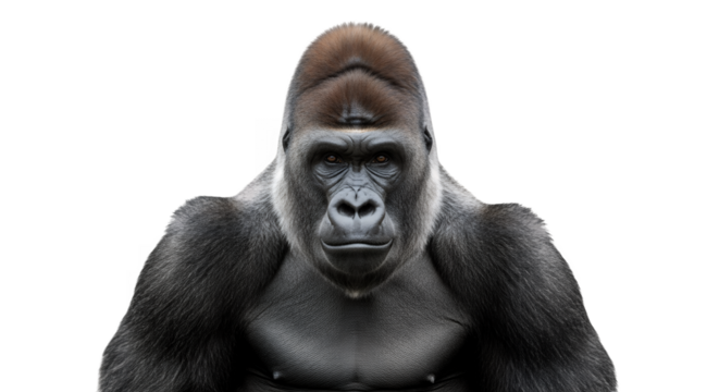 Gorilla portrait facing forward on black background for wildlife animal photography and nature lovers on transparent background