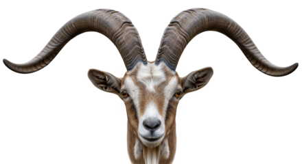 Portrait of a wild markhor goat with large horns wildlife animal photography and nature background image on transparent background