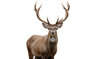 Stock photo of a majestic red deer with large antlers isolated on black background for wildlife projects on transparent background