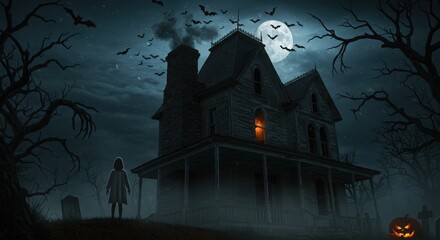 Ghostly Child Before a Haunted Victorian House on a Spooky Halloween Night