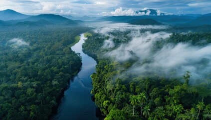 Aerial view Rainforest river, misty mountains, lush jungle.  Conservation poster
