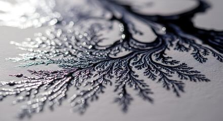 Close up of a dendritic pattern on a white surface showcasing intricate branching structures and a delicate organic feel with a focus on texture and detail for scientific visualization